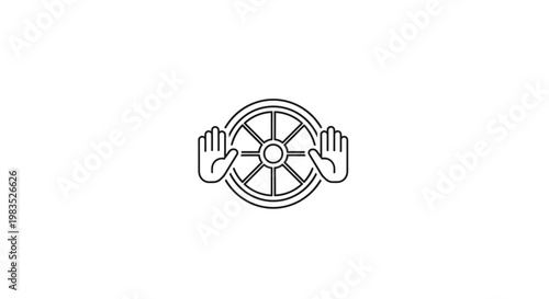 Dharma Wheel with Hands Line Icon - Buddhist Symbol of Guidance and Spirituality