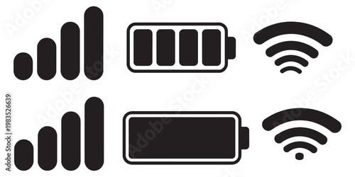 Mobile interface top bar icon set, iPhone iOS notification bar icons, battery WiFi signal indicators, minimalist vector UI design