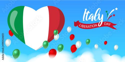 Italy Liberation Day postcard with heart-shaped Italian flag and festive balloons. Bright vector style, for holiday greetings, event invitations, banners, and social media.