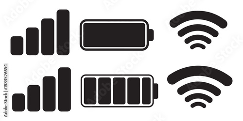 Mobile interface top bar icon set, iPhone iOS notification bar icons, battery WiFi signal indicators, minimalist vector UI design