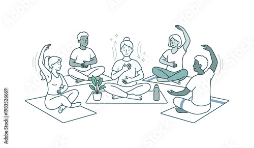 People engaged in a quiet exercise session with one person at center demonstrating slow inhale and exhale while others follow with