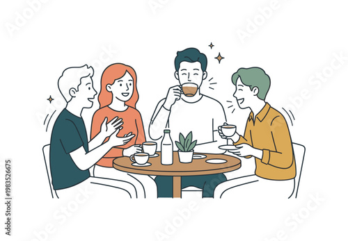 People gathered for a simple coffee moment with one person at center sipping from a cup while others talk and gesture in a