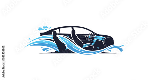 Car Interior Detailing Service Logo with Blue Water Waves and Splashes