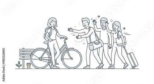 Group of people meeting after travel with one person at center resting a hand on a bicycle while others approach carrying bags and