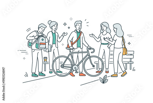 People sharing a casual meet up after commute with one person at center holding a bicycle while others gather around chatting and