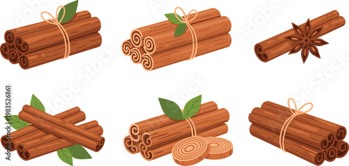 Cinnamon Stick Illustrations Bundled with Twine, Leaves, and Star Anise for Spices, Baking, and Natural Design Graphics