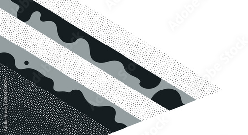 Diagonal bands of dots and wavy shapes in black, grey, and white