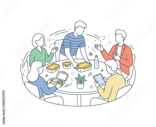 People engaged in a friendly lunch break planning with one person at center arranging containers while others discuss ideas and