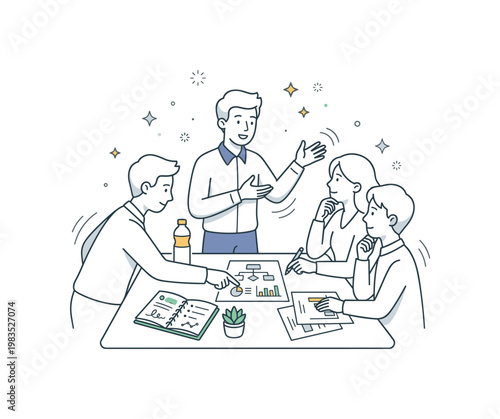 People engaged in a collaborative planning session with one person at center writing on paper while others lean closer discussing