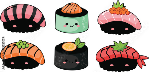 Cute kawaii sushi characters set with different rolls nigiri and toppings cartoon food vector illustration collection