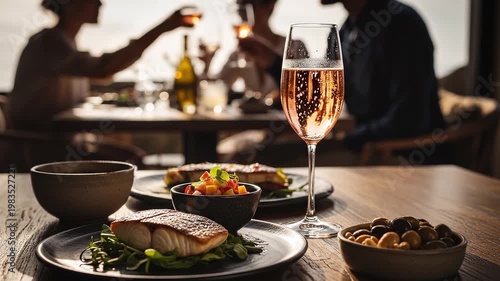 Glass of chilled rosé wine and grilled fish dish on a restaurant table with people in the background