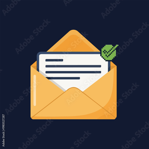 Successful Digital Communication Pixel art illustration of an open yellow envelope with a letter and a green checkmark, symbolizing confirmed email receipt or message delivery