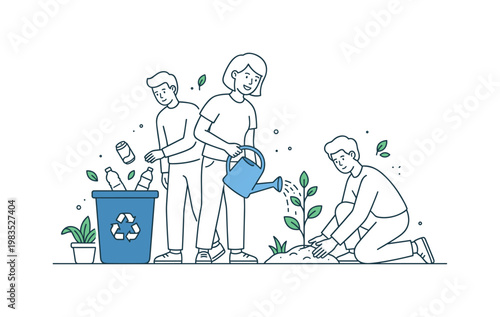 Group of people sharing daily eco habits with one central person placing recyclables into a bin while others hold bottles and sort