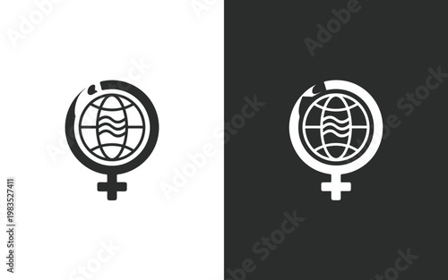 Female symbol combined with a globe shown in two color variations