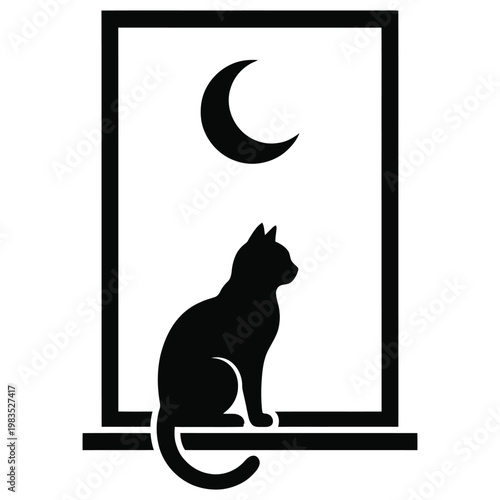 Cat sitting on a window sill looking at crescent moon silhouette in a rectangular frame