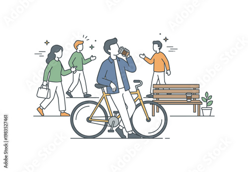 People sharing a calm social moment with one person at center sipping coffee while standing next to a bicycle as others walk and