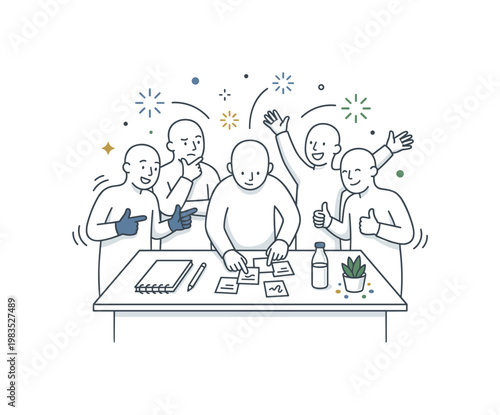 People sharing a focused office task with one central person arranging written notes while others contribute by pointing and