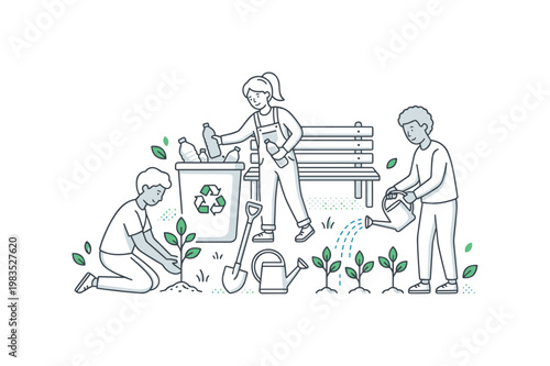 Group of people working together sorting recyclable items with one central person placing bottles into a recycling bin while