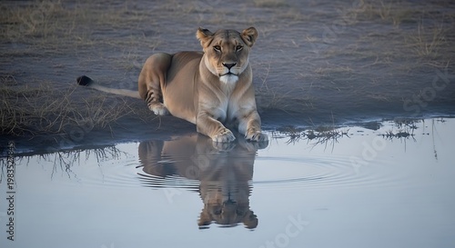 Lioness running through shallow water.