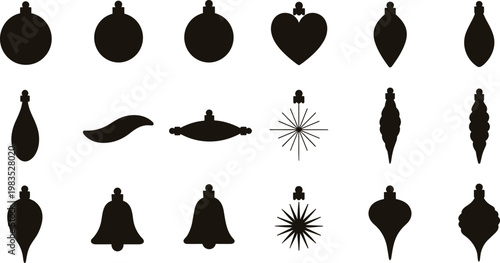 Christmas ornament silhouettes set with various baubles stars and decorations black vector illustration holiday design collection