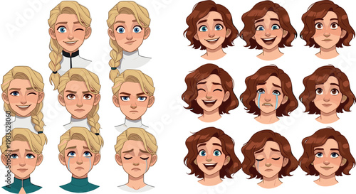 Female character emotions vector set with different facial expressions featuring blonde and brunette avatars showing happy sad angry and surprised moods