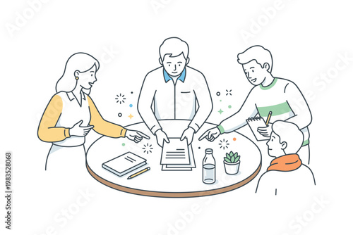 People working together at a simple desk with one central person pointing at a plan while others lean in reacting and contributing