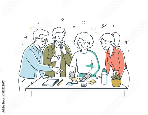 People working together in a relaxed business setting with one central person arranging papers while others contribute by pointing