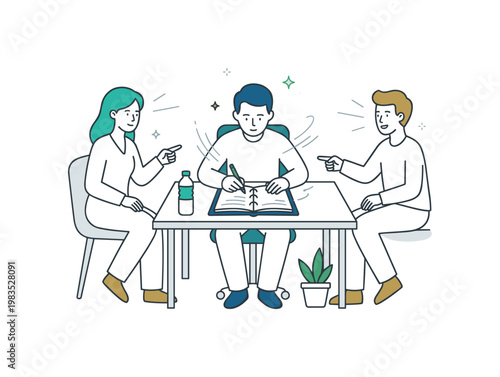 People engaged in a focused documentation moment with one person at center writing plans while others sit nearby calmly discussing