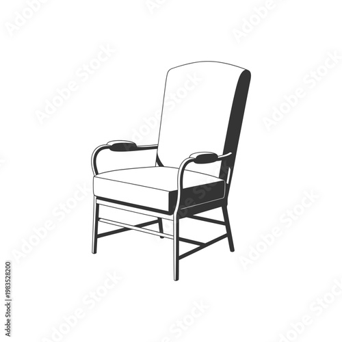 A black and white illustration of a classic upholstered armchair