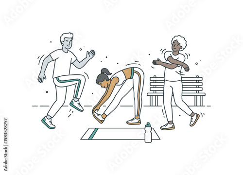 Small group enjoying a casual fitness moment with one central figure bending forward in a stretch while others walk in place and