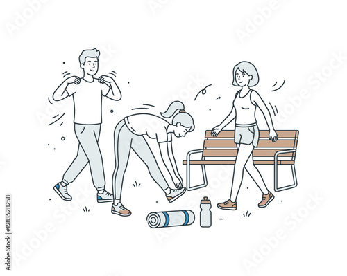 Small group sharing an outdoor fitness pause with one person at center reaching forward in a stretch while others loosen arms and