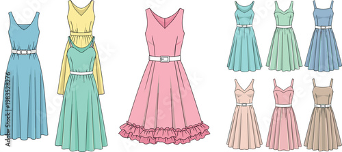 Elegant women dress vector collection featuring pastel colors vintage style gowns and modern fashion outfits isolated on white background