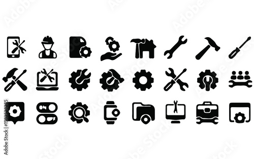 A collection of black and white icons representing various tools and mechanical concepts on a clean white background