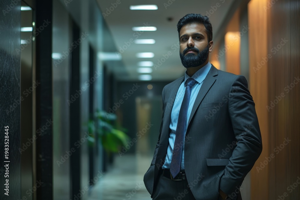 Fototapeta premium A well-dressed man stands confidently in a modern hallway, exuding professionalism and determination. He gazes directly at the camera. 
