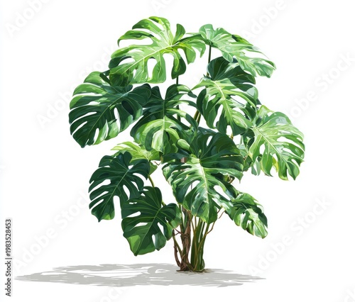 Lush Monstera plant, digitally painted with large split leaves, isolated on white