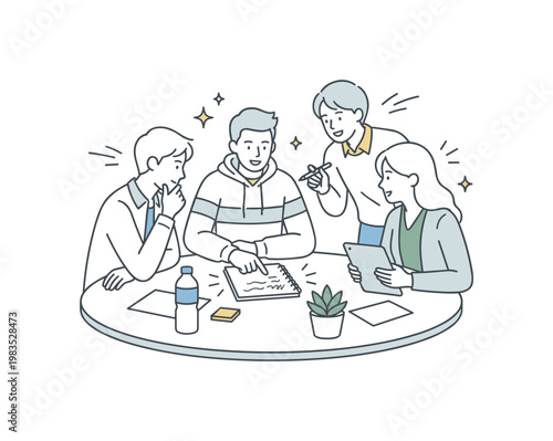 Students engaged in a collaborative planning session with one person at center explaining notes while others lean closer