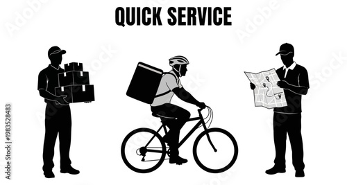 Delivery man on bicycle with insulated bag between two couriers carrying packages and reading newspaper