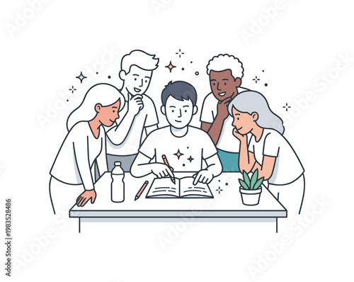 Students gathered around a simple desk reviewing class notes with one central person pointing at a notebook while others lean in