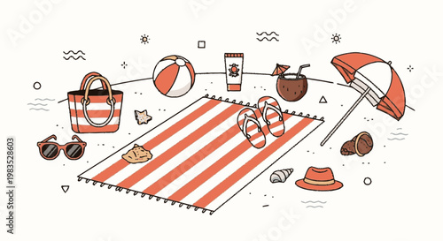 Beach towel with summer accessories.