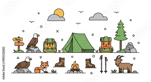 Camping gear and wildlife icons.