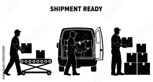 Delivery workers loading packages onto a conveyor belt and into a van