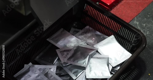 Sealed foil sachets gathered in plastic container after packaging line process. Industrial food or product packaging stage with modern automated equipment in factory.