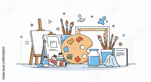 Colorful artist paint brushes and palette.