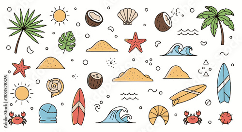 Colorful beach icons and symbols.