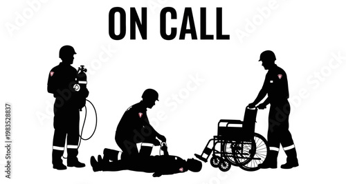 Emergency medical team providing care during urgent call with oxygen and wheelchair