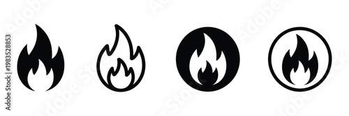 Fire icon set, minimalist vector collection of flame signs and fire symbols for heat, danger, energy, warning, and ignition concepts in safety graphics, UI design, and industrial applications