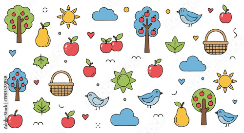 Colorful cartoon fruit and trees icons.