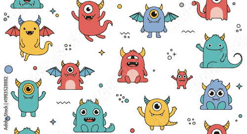 Colorful cartoon monster characters smiling.