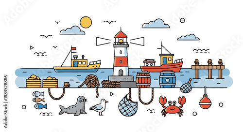 Colorful cartoon lighthouse and sea creatures.