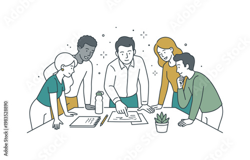 Team sharing a focused discussion with one central figure pointing at notes on the table while others lean in and nod in agreement